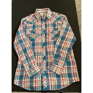 Coastal Shirt Mens Medium Blue Red Plaid Western Pearl Snap Long Sleeve Cowboy